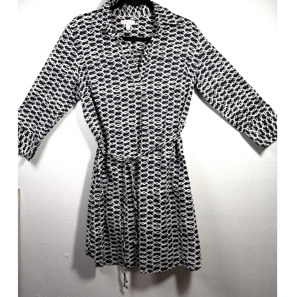 Lilly Pulitzer Shirt Dress Womens Medium Navy Blue Good Geometric Link Print 3/4